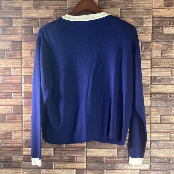 Vintage Womens  Large Blue & Cream Cardigan by Karen Lessly - Picture 2 of 9